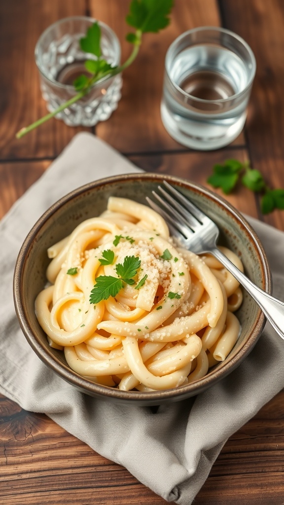 A bowl of pasta with creamy cauliflower sauce and parsley garnish on a rustic table.